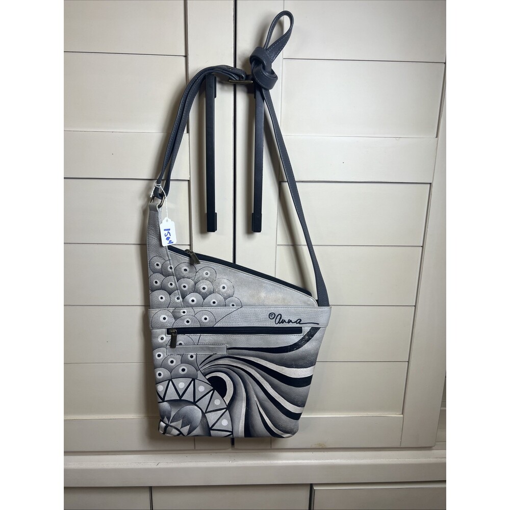 Anuschka Hand Painted Leather Crossbody Bag Gray Black Abstract Art Signed